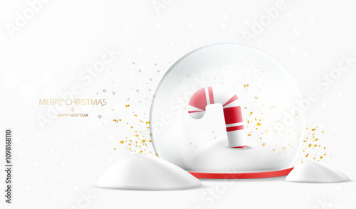 Merry Christmas background with glass transparent ball on red podium with candy cane and snow inside. Holiday white card with sphere snowball and snow. Vector x-mas design.