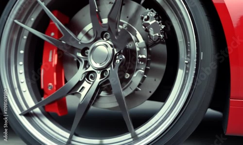 Close-up of a red sports car's black alloy wheel and brake caliper.