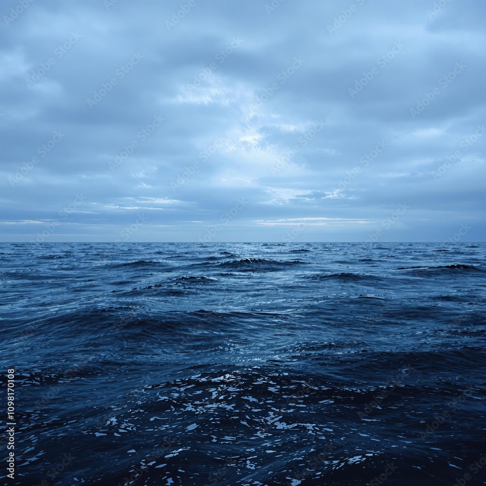 Fototapeta premium The dark blue ocean surface is dotted with small waves that gently lap against the shore, ripples on the water, ocean waves, ocean surface, gentle movement
