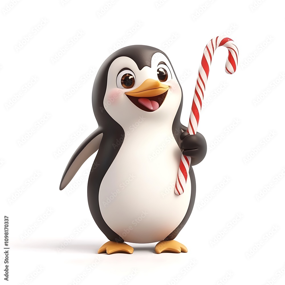 Fototapeta premium Cartoon Penguin Holding a Candy Cane Illustration
