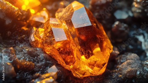 Close-up of a radiant orange amber gemstone surrounded by textured crystalline surfaces, capturing the intricate details and natural beauty.