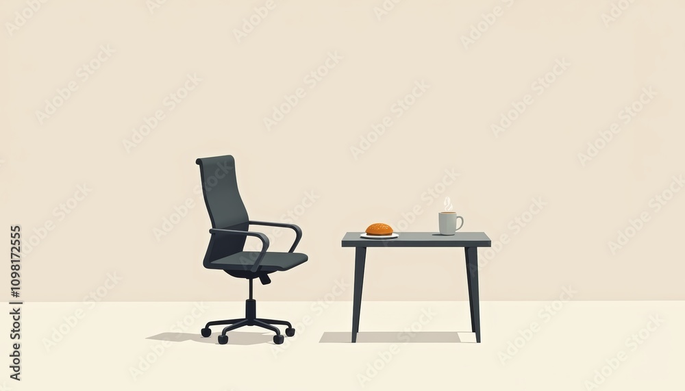 Fototapeta premium Minimalistic office workspace with chair, table, lunch, and coffee during a break