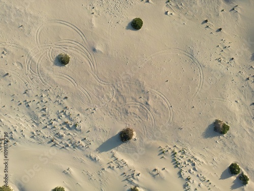Aerial top down view looking onto sand dunes with patterns in the sand. Taken in Fuerteventura. 