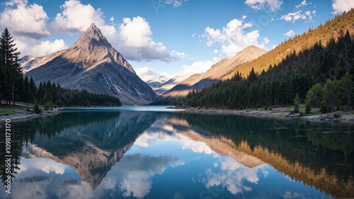 A serene lake reflects majestic mountains and a clear blue sky, surrounded by dense pine forests.