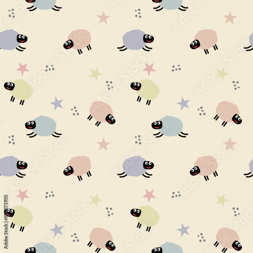 Sheep smile colorful cartoon so cute. On star background. Pattern seamless vector illustration. 