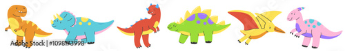 Cute colorful cartoon dinosaurs set. Vector flat children's illustration with multicolored dinosaurs isolated on a white background.