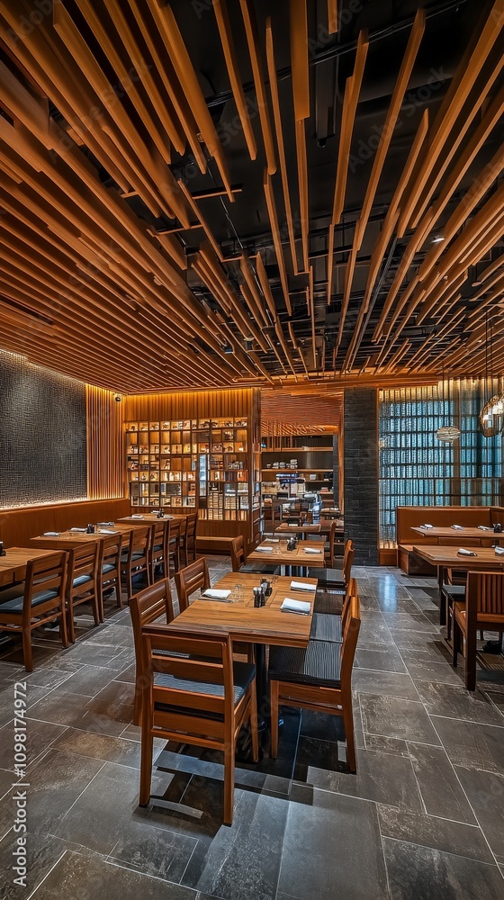 Fototapeta premium A modern restaurant interior featuring wooden decor and a cozy atmosphere.