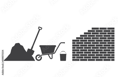 brick wall building with wheelbarrow and shovel icon