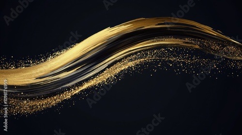 Vector illustration of a sparkling golden brushstroke sweeping across a deep black background, evoking a sense of luxury.