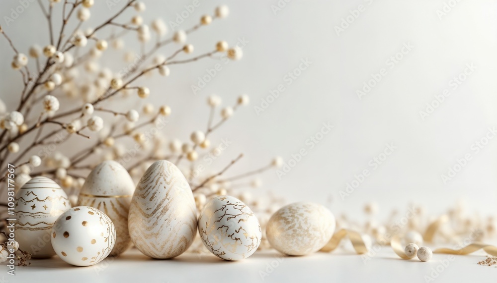 Fototapeta premium Elegant decorated Easter eggs with delicate branch and ribbon on a soft background, copy space