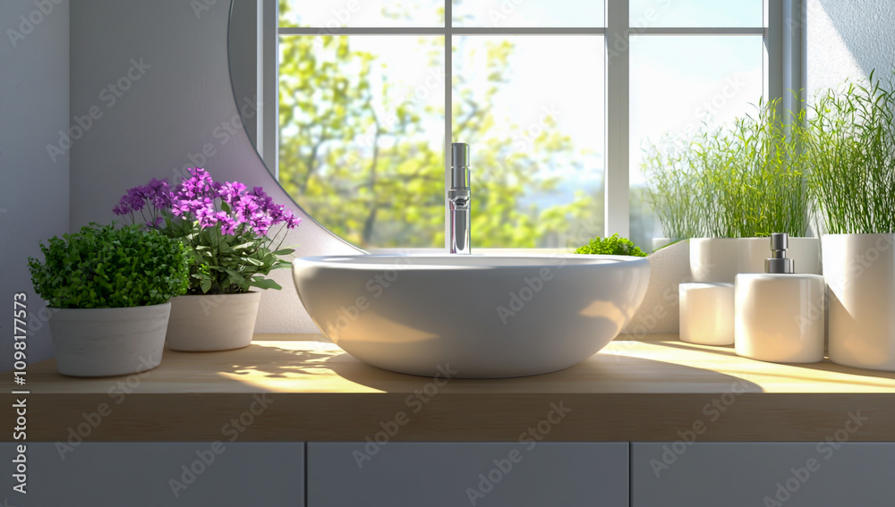 Fototapeta premium a white bathroom sink with a mirror and plants on the countertop near a window in a modern home interior design,