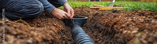 Close-up of a worker's hands installing a black drainage pipe in a dug trench, part of a landscaping or plumbing project.