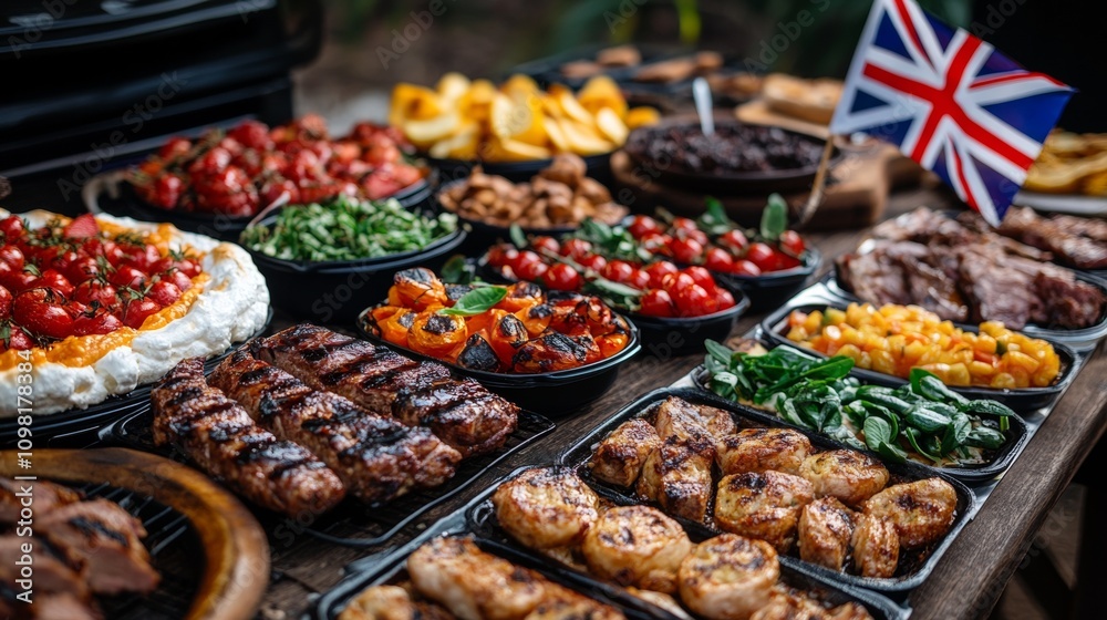 Obraz premium British themed meal with Union Jack flags and assorted English delicacies