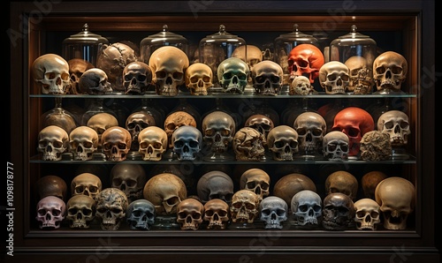 Array of Skulls in Display Case photo