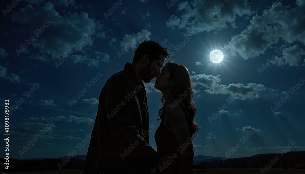 Fototapeta premium Silhouetted couple kissing under moonlight and starry night sky
