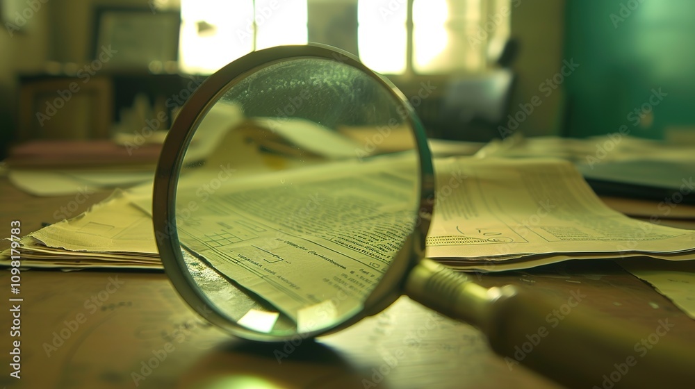 Fototapeta premium Magnifying glass revealing hidden financial irregularities in a stack of documents, emphasizing secrecy and deception in a dimly lit office setting.
