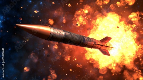 Fiery Missile Interception! A dramatic mid-air collision of projectile and interceptor amidst a cosmic backdrop.