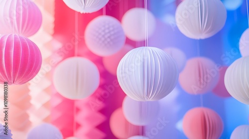 Pastel Paper Lanterns: A Dreamy Party Decor.  Delicate, hanging spheres create a whimsical, festive atmosphere. photo