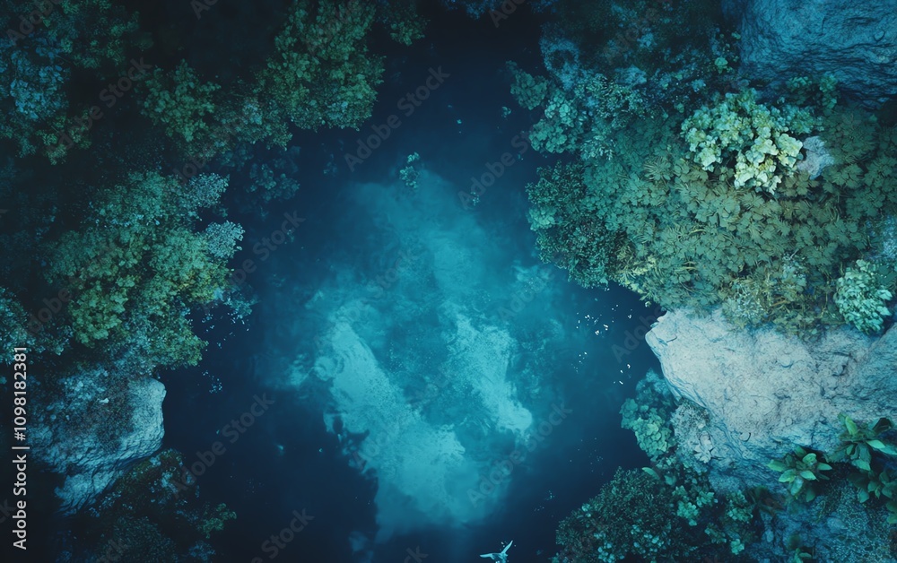 Fototapeta premium Aerial view of a vibrant coral reef ecosystem. Crystal-clear water reveals diverse marine life and colorful coral formations. A breathtaking underwater scene.