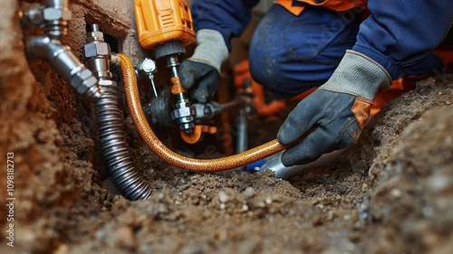 Close-up of a worker connecting a flexible gas line in an underground trench, showcasing tools, gloves, and precise plumbing work.