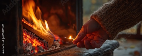 Close-up of a hand using a lit matchstick to ignite a fireplace, creating a warm and inviting ambiance in a rustic setting.
