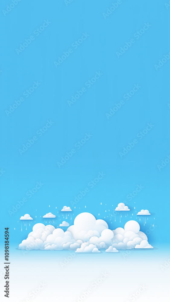 Vertical banner featuring a cartoon-style cloud with raindrops, designed in a cut-paper style on an abstract background. Minimalist vertical banner with cartoon clouds and rain