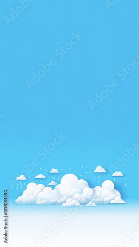 Obraz na płótnie Vertical banner featuring a cartoon-style cloud with raindrops, designed in a cut-paper style on an abstract background. Minimalist vertical banner with cartoon clouds and rain w salonie