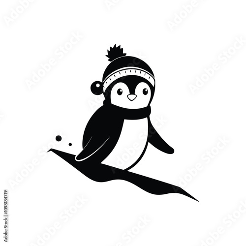 Penguin with earflap hat sliding on a snowy slope perfect for fun winter holiday visuals