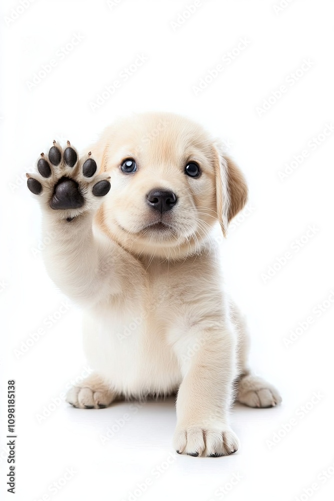 Obraz premium Portrait of an adorable Labrador puppy and Scottish Straight kitten waving their paws on a white background. 