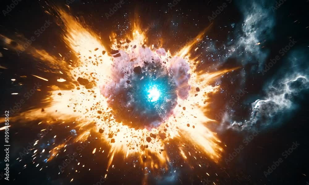Fiery cosmic explosion with debris and bright light.