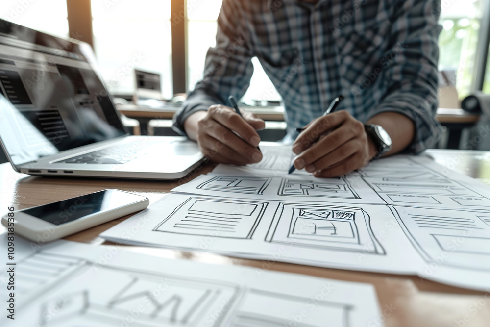 Fototapeta premium UX/UI designer sketching wireframes on a tablet, laptop displaying user interface prototypes