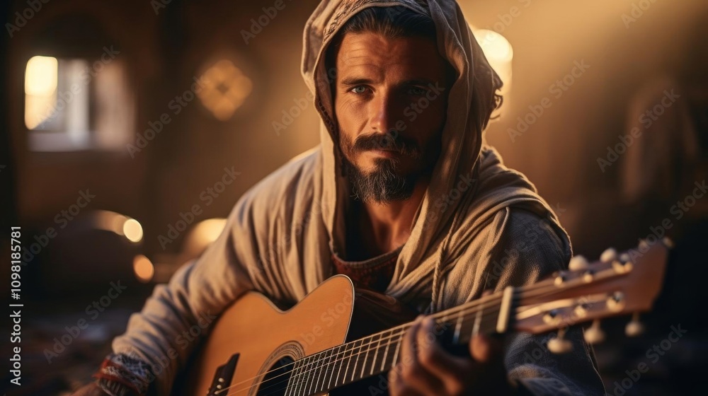 Fototapeta premium A man in a hooded robe is playing a guitar