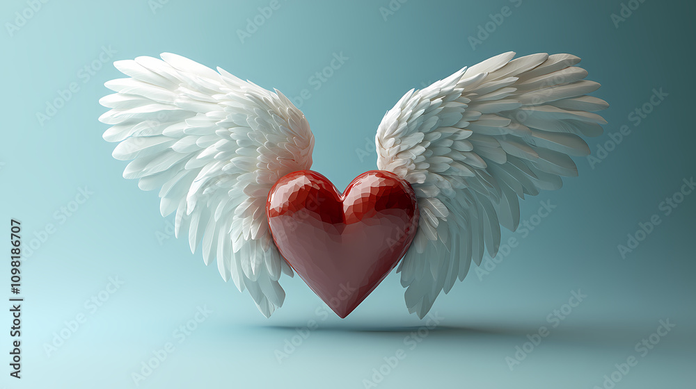 Fototapeta premium An icon of a red heart with a white wing on a light blue solid color background