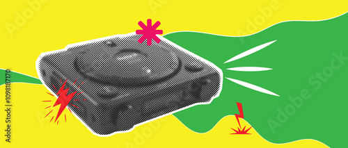 80s style walkman radio isolated on white background. Vector illustration retro grunge halftone dotted texture.