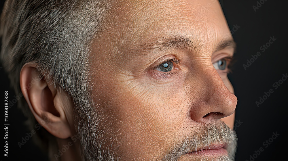 Fototapeta premium Close-up profile of a mature man with silver hair, contemplative gaze, and detailed facial features, embodying wisdom, experience, and sophistication.