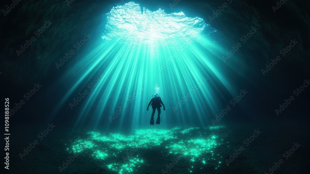 Fototapeta premium A diver explores the enchanting underwater light rays.