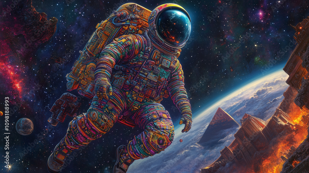 Fototapeta premium a colorful astronaut traveling with pyramids and the old time in space