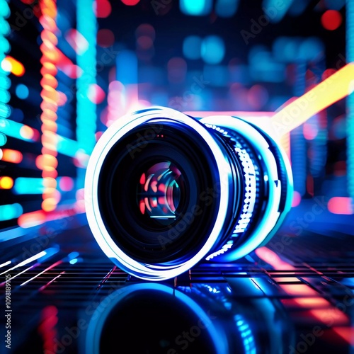 The abstract circle features vibrant colors illuminated by striking lights, creating a mesmerizing effect against a backdrop of dynamic patterns. Generative AI