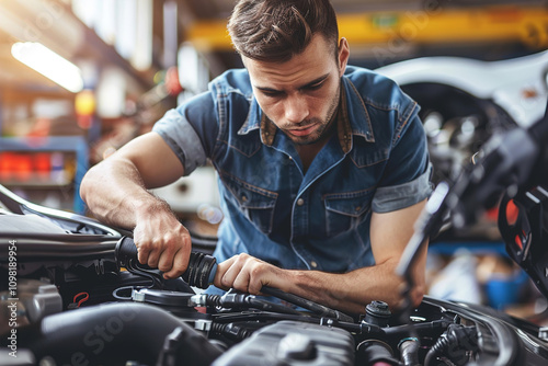 Electric vehicle mechanic performing maintenance on EV battery, electric charging station photo