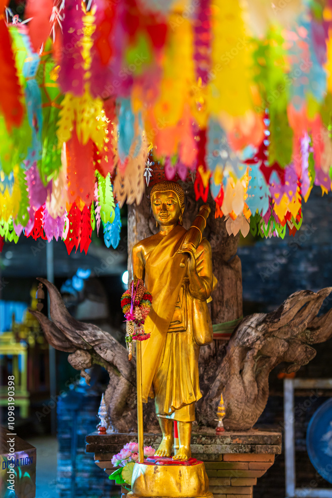 the Beautiful Colorful Lanna lamp paper lantern background pattern Loi Krathong or Yi Peng Festival are northern thai style lanterns at Wat Lok Moli in Chiang Mai Thailand.
