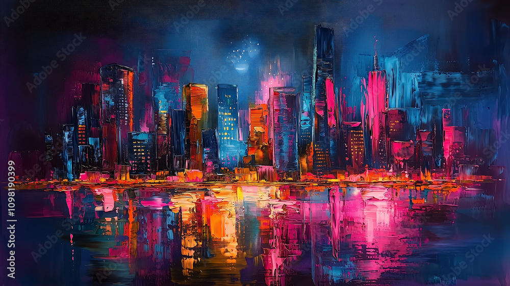 Fototapeta premium Vibrant Neon Cityscape Reflected on Water at Night