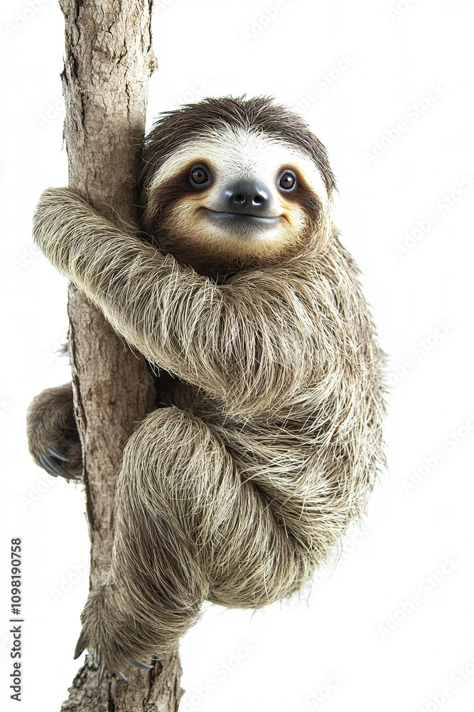 Fototapeta premium Sloth, animal on white background, isolated, funny animal hanging on a tree branch and scratching its belly.