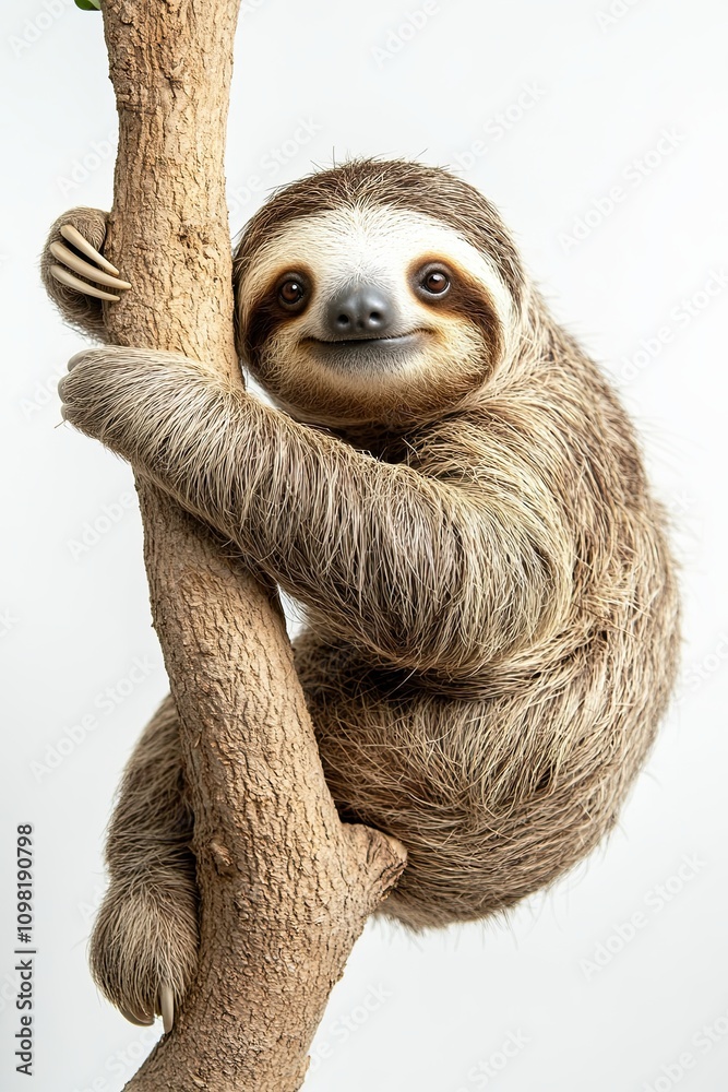 Fototapeta premium Sloth, animal on white background, isolated, funny animal hanging on a tree branch and scratching its belly.