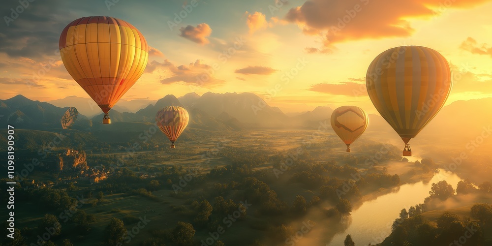 Fototapeta premium Colorful hot air balloons soar over a stunning desert landscape at sunset. created by ai