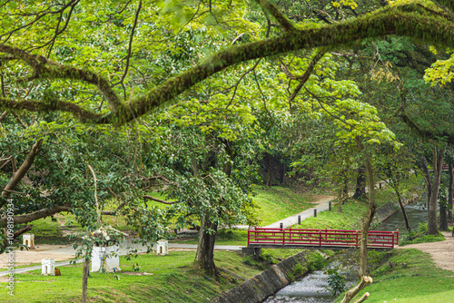 a public place leisure travel landscape lake views at Ang Kaew Chiang Mai University and Doi Suthep nature forest Mountain views spring cloudy sky background with white cloud. photo