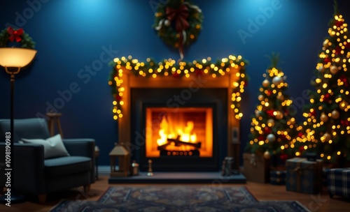 Candid shot of a space for text photorealistic warm lighting dark blue wall background pister style christmas fireplace design holiday celebration decoration photo