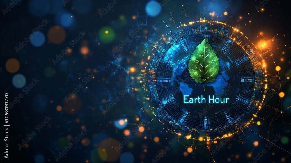 Obraz premium Earth Hour concept Green leaf on digital globe.