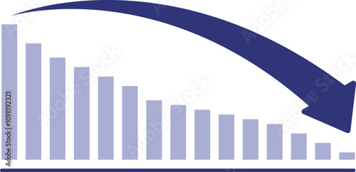 右下に下降する青矢印のグラフイラスト 減少の棒グラフ矢印