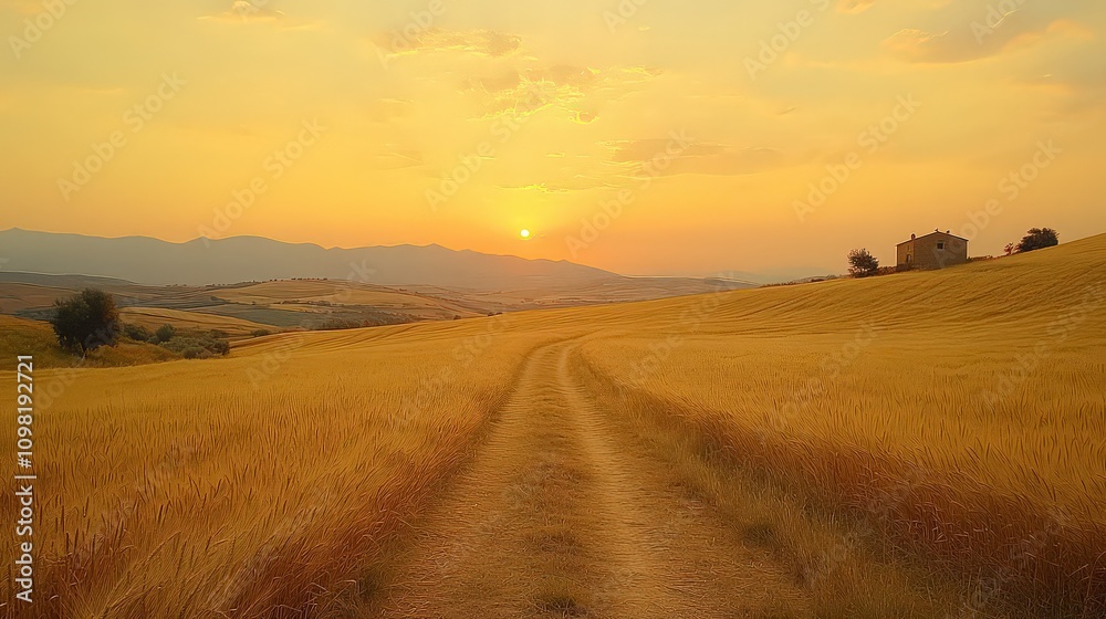 Fototapeta premium Golden wheat fields stretch under pastel sunset, a dirt path winding through the scene toward a distant farmhouse on the horizon, creating a serene rural view.