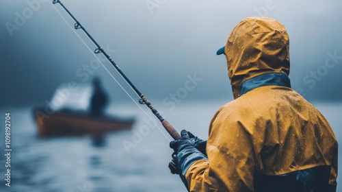 Fisherman in Waterproof Gear Holding a Fishing Rod by a Boat Generative AI photo